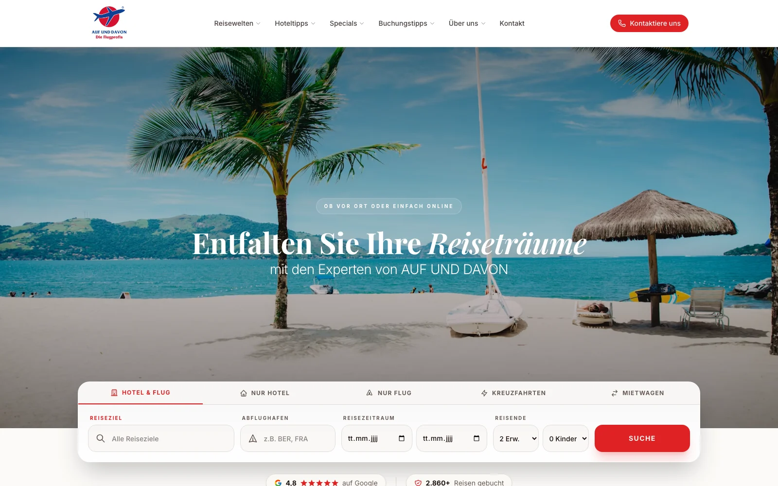 Startseite von auf-und-davon.de mit Suchmaske für Hotel und Flug, Kreuzfahrten und Mietwagen