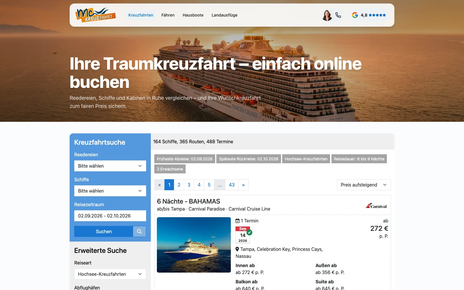 Startseite von mc-kreuzfahrt.de mit Kreuzfahrtschiff im Abendlicht und Filtersuche